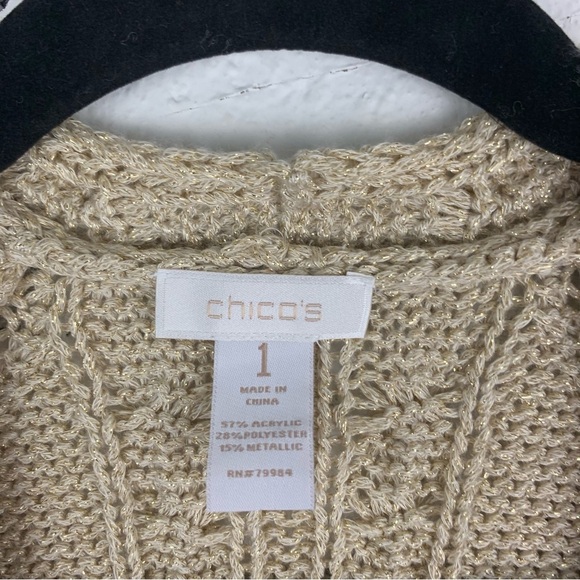 Chico’s Gold Tan Metallic Weave Long Line Knit Cardigan Sweater 1 - Picture 5 of 7